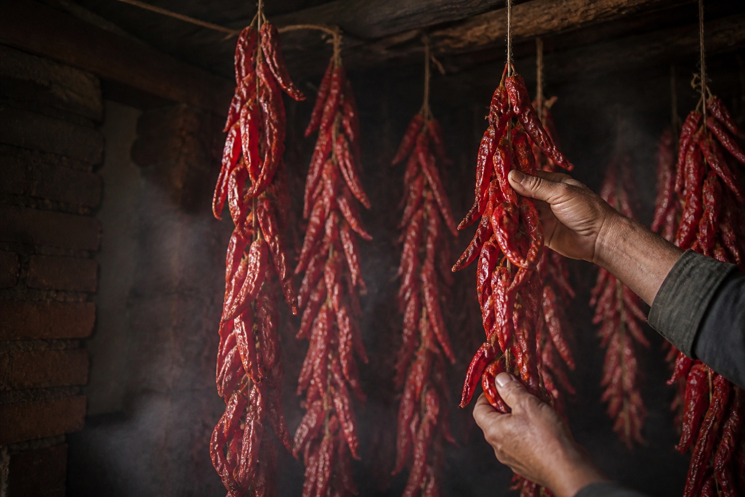 Ristras de pimientos rojos secándose en un secadero tradicional