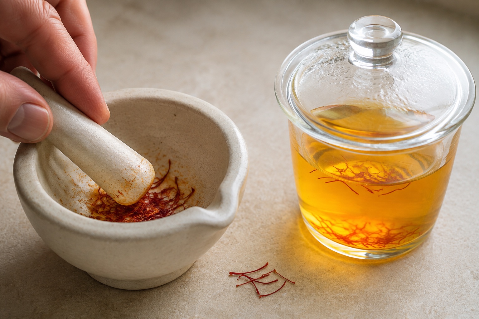 Hebras de azafrán trituradas junto a una infusión dorada