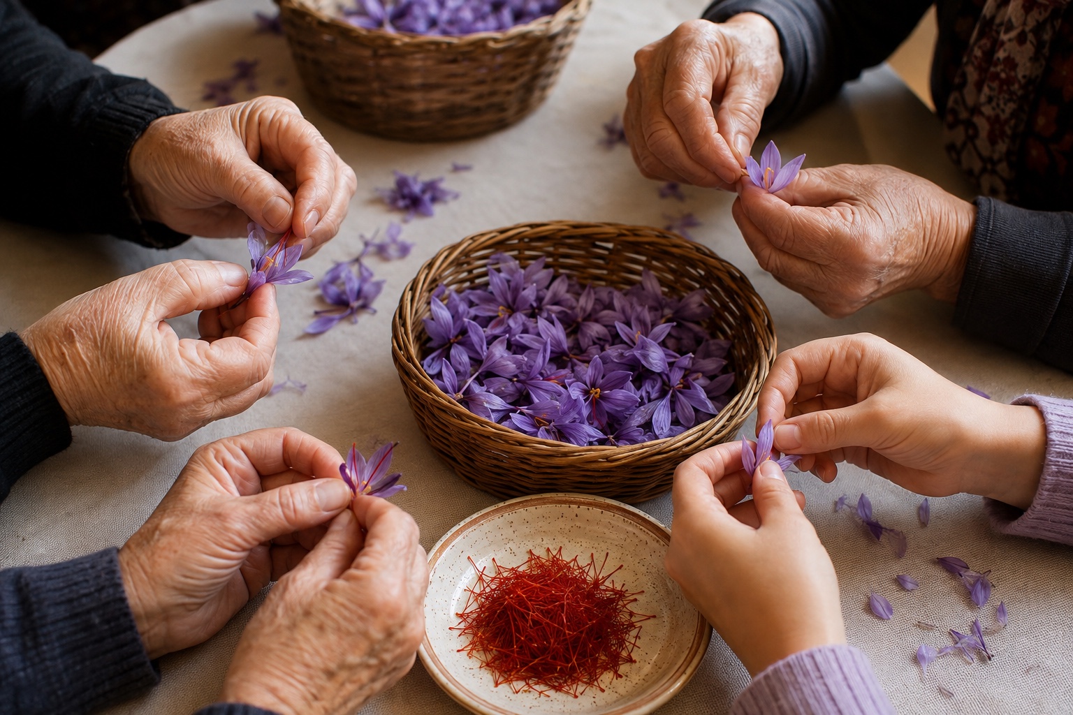 Manos separando hebras rojas de flores de azafrán