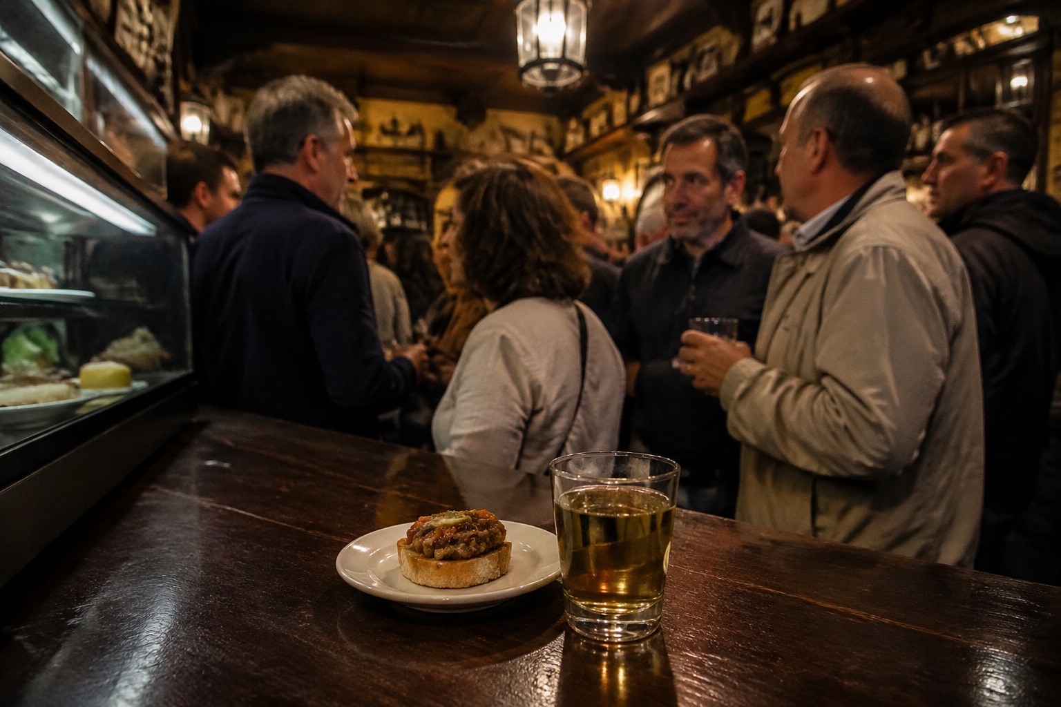 Una bebida y una tapa en la barra de un bar concurrido de Granada