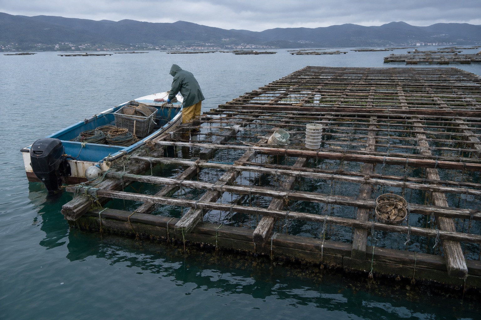 Batea de madera con un barco de trabajo en la ría de Arousa