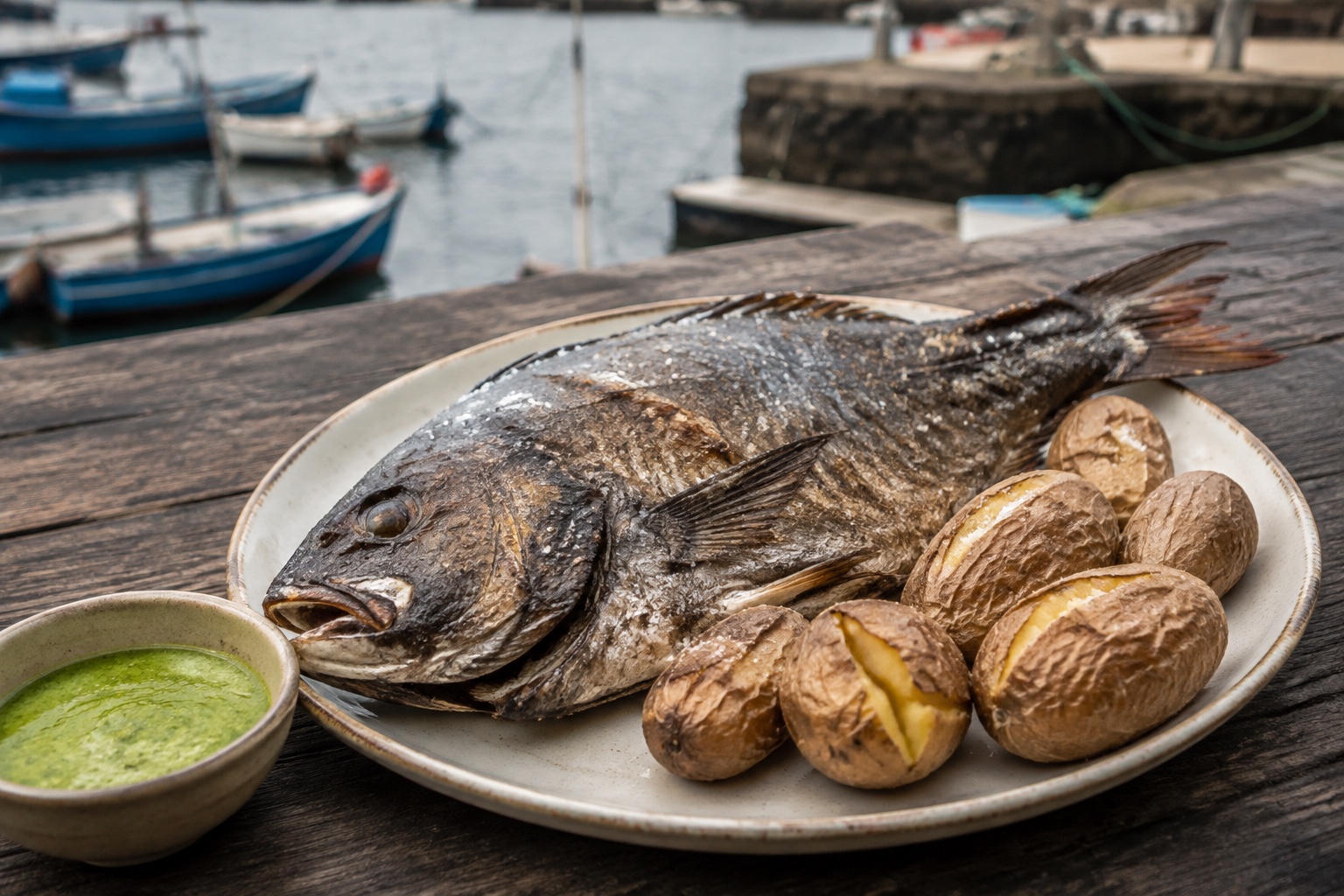 Pescado entero con papas y mojo verde junto a un puerto de Tenerife