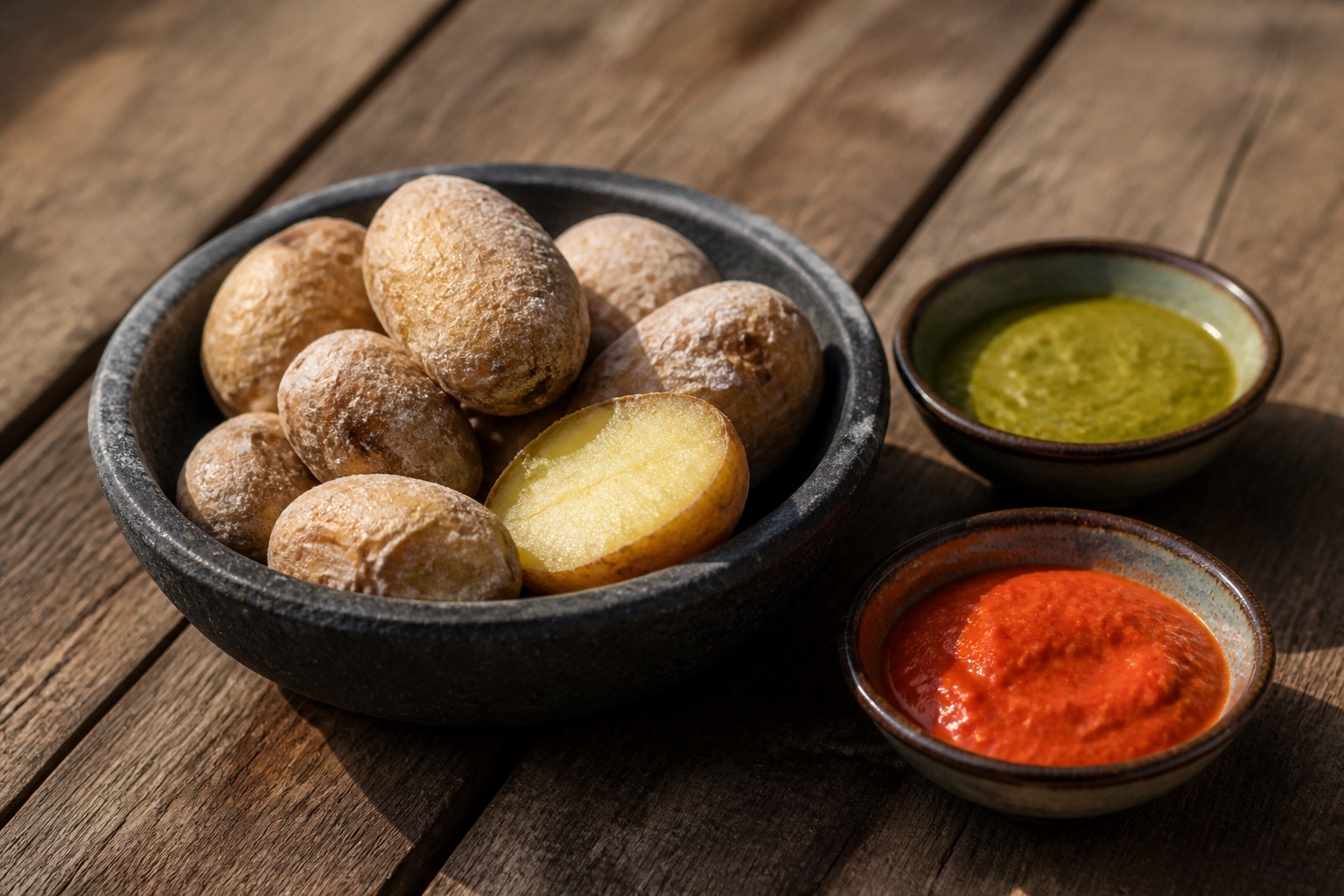 Papas arrugadas con sal y cuencos de mojo rojo y verde