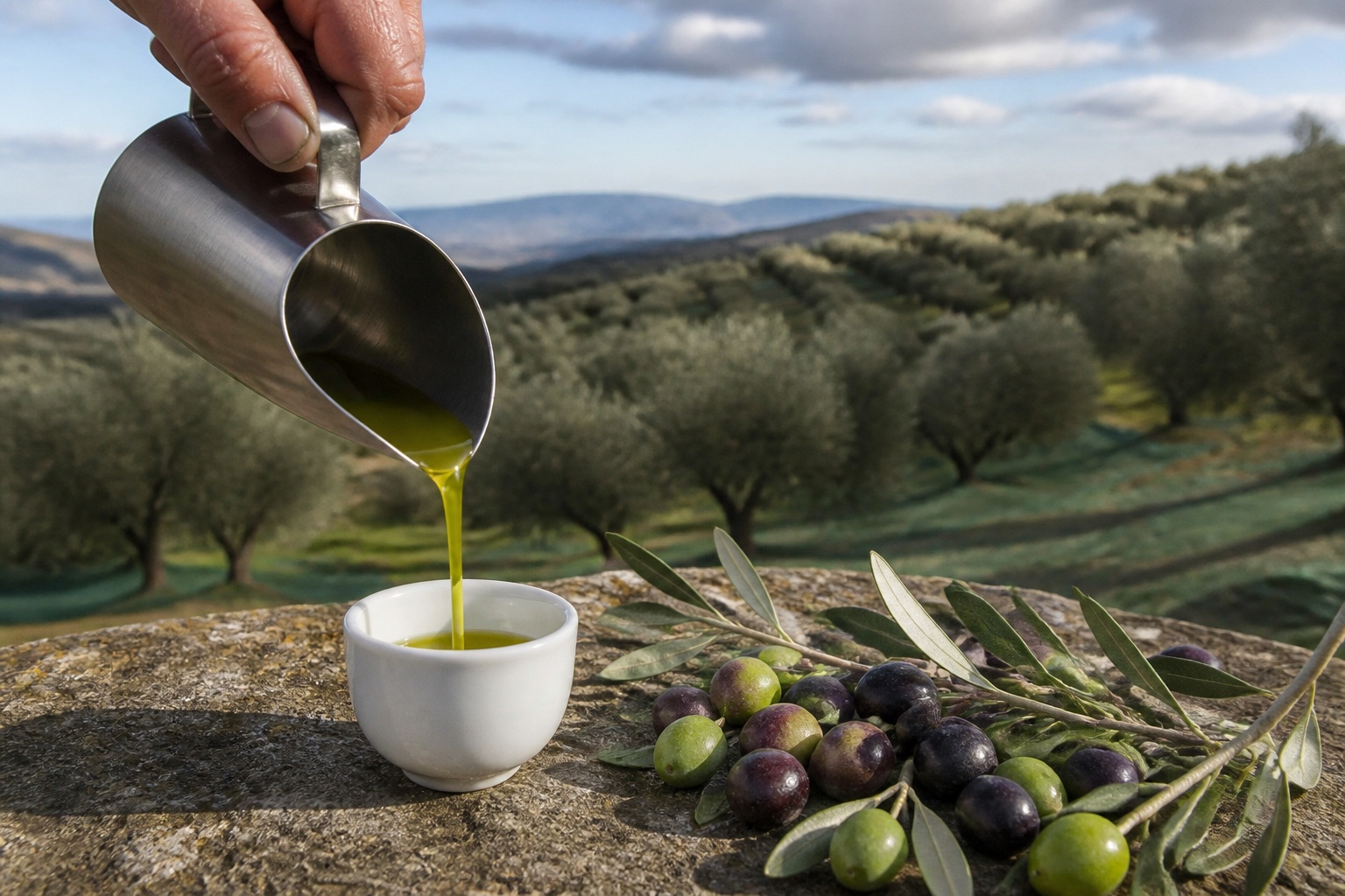 Aceite verde recién servido ante un olivar de Jaén