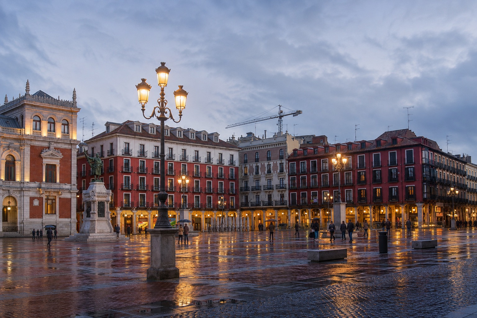 Plaza Mayor de Valladolid con el pavimento mojado al anochecer