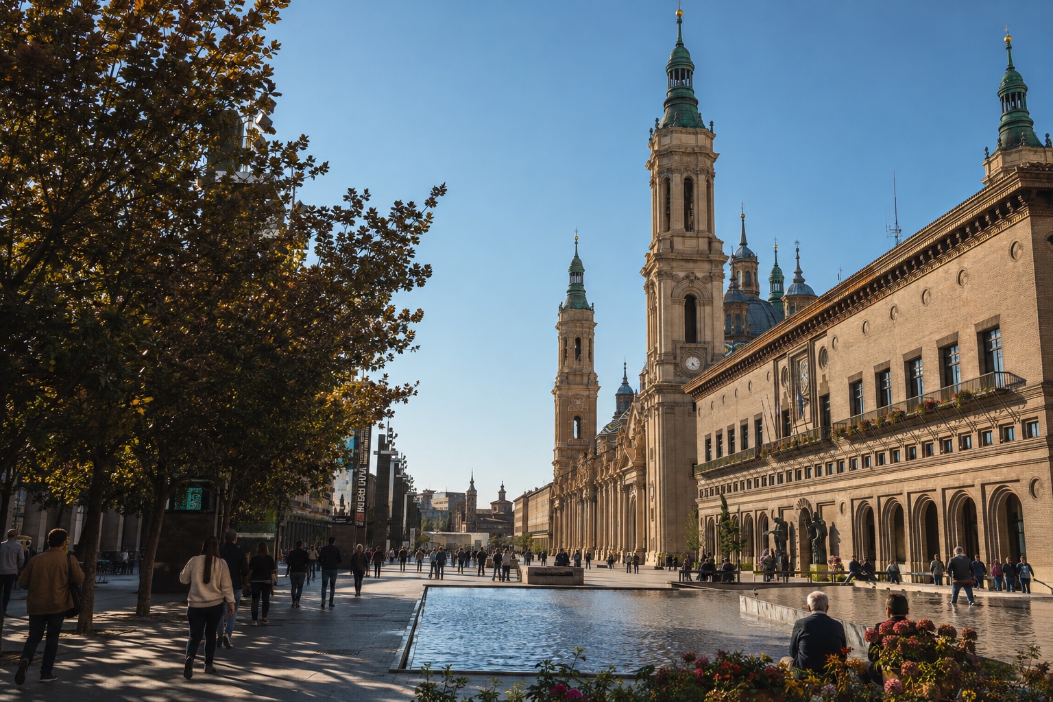 Plaza del Pilar de Zaragoza en una tarde luminosa de otoño