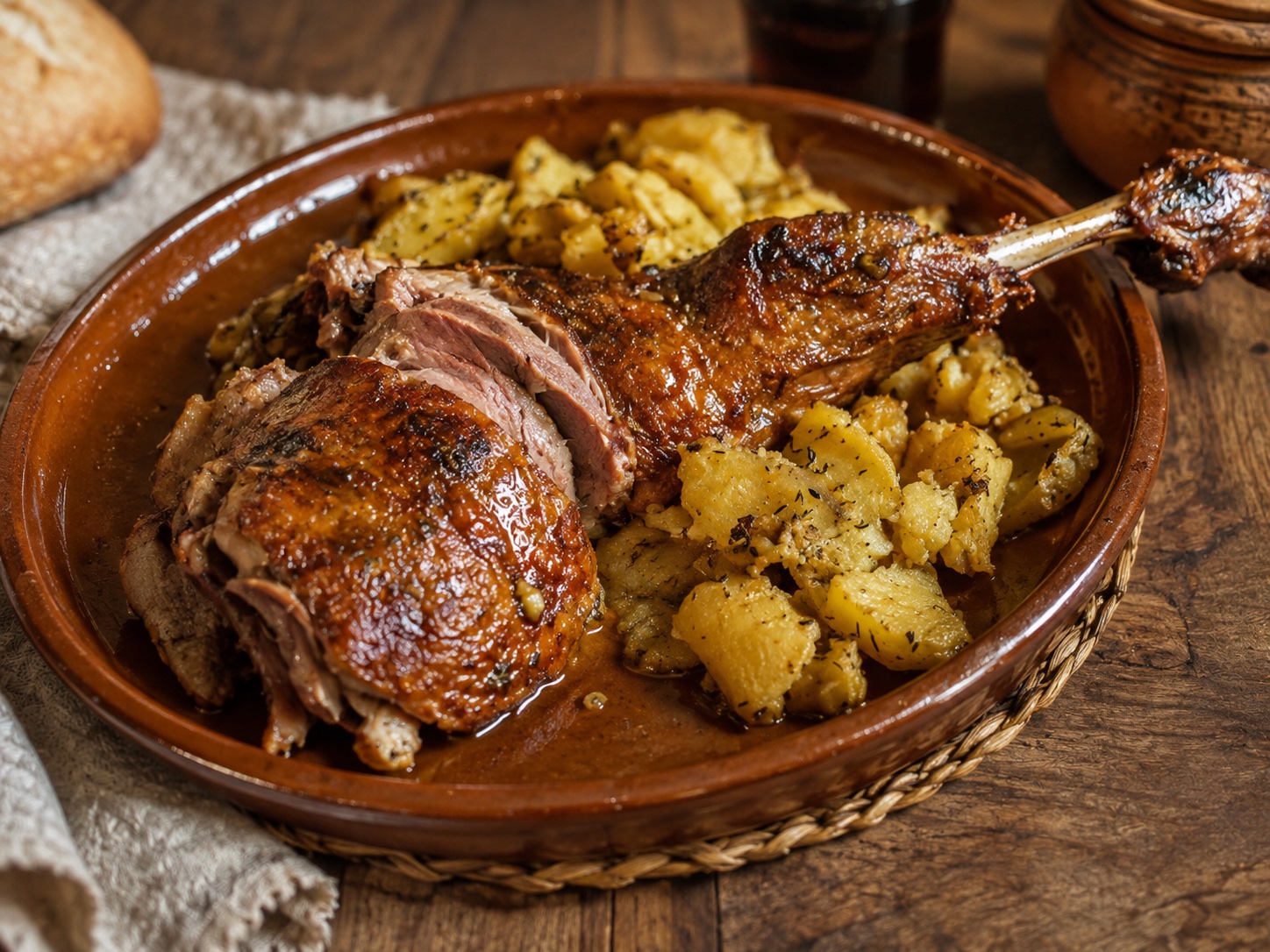 Ternasco de Aragón asado con patatas en una fuente de barro